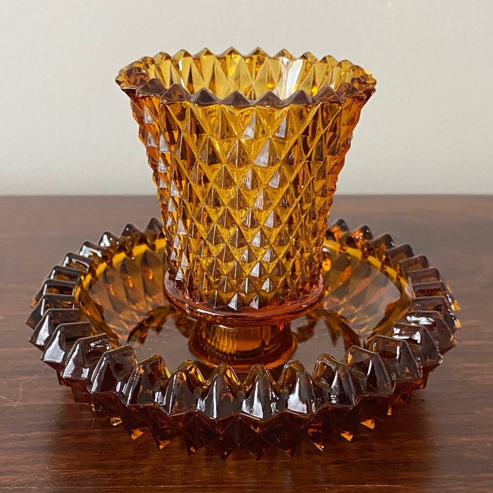Indiana Glass • Diamond Point • Amber • Two-Piece Candle Holder - Picture 2 of 6